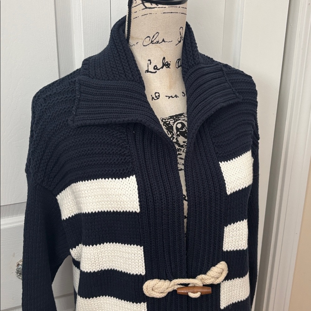 Anthropologie Maeve Navy White Nautical toggle knit long cardigan sz small - Picture 6 of 9